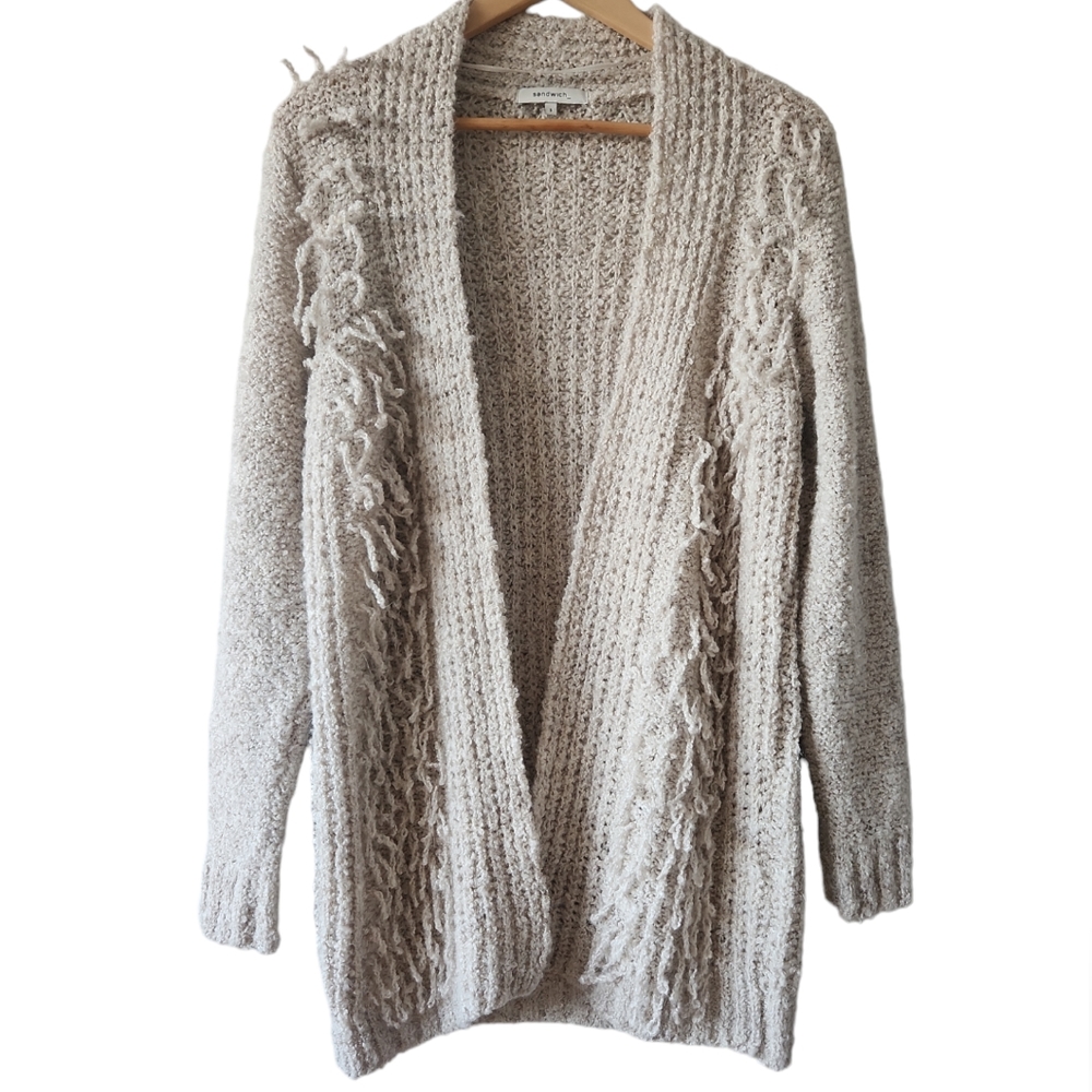 Sandwich Oatmeal White Open Front Mid Length Wool Mohair Cardigan Sweater Sz S